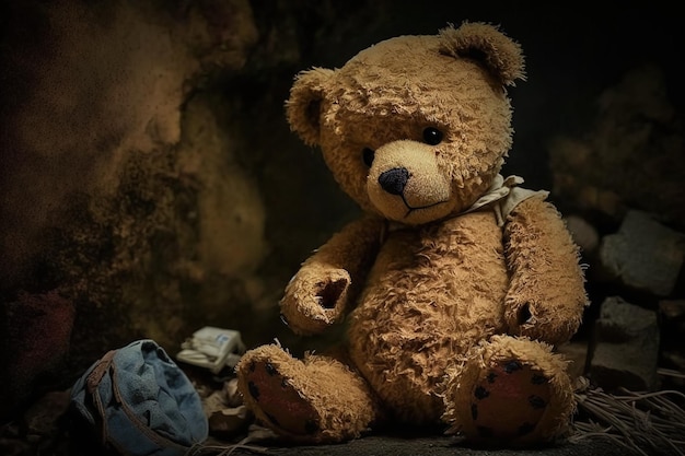 Un ours en peluche est assis dans les ruines d'une vieille maison Generative AI