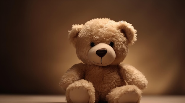 Un ours en peluche est assis sur un fond sombre.