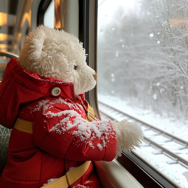 Un ours en peluche est assis sur un rebord de fenêtre de train dans la neige