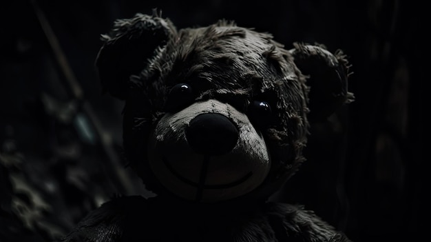 Un ours en peluche est dans le noir avec un fond noir.