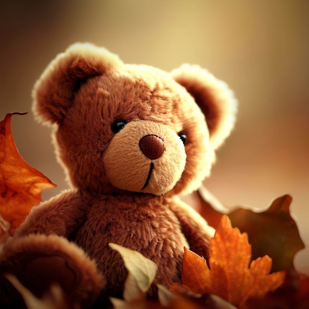 Un ours en peluche avec des feuilles d'automne