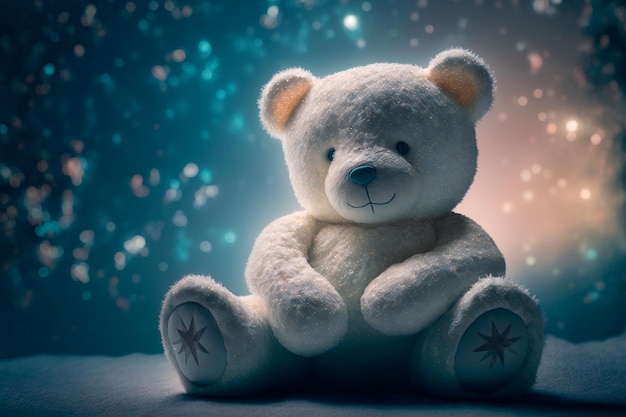 Ours en peluche garçon est assis fond d'étoiles de nuit Generative AI