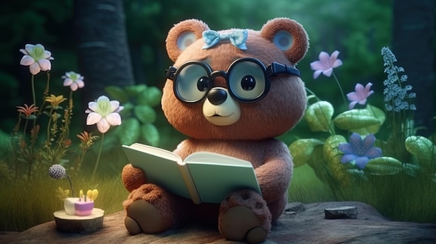 Ours en peluche lisant très concentré sur le livre assis sur une bûche dans la forêt générée en 3d