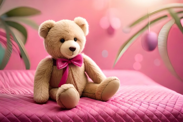 Un ours en peluche sur un lit rose créé avec la technologie d'IA générative