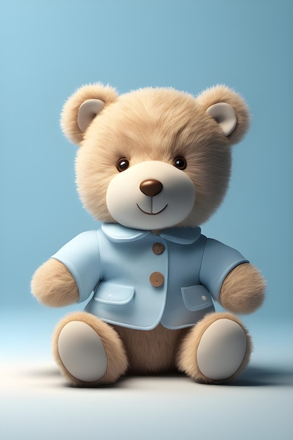 Ours en peluche mignon assis sur fond bleu rendu 3D