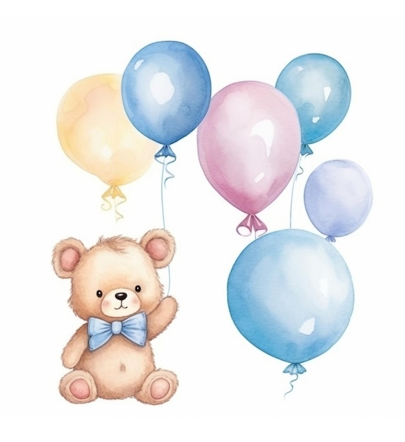 Ours en peluche mignon et ballons illustration aquarelle pour bébé et enfants avec fond isolé