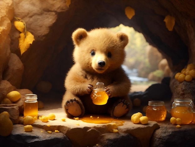 Photo ours en peluche mignon avec du miel dans un pot sur fond sombre ia générative