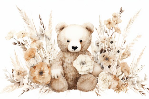 Ours en peluche mignon Image florale neutre aquarelle Belle image d'illustration AI générative