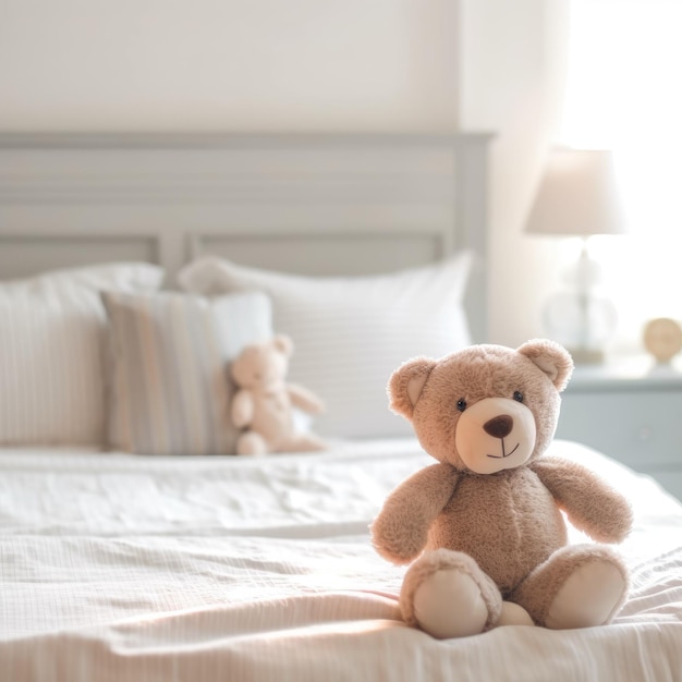 Ours en peluche mignon en peluche sur le lit dans une chambre lumineuse moderne Chambre vide intérieur minimal AI générative