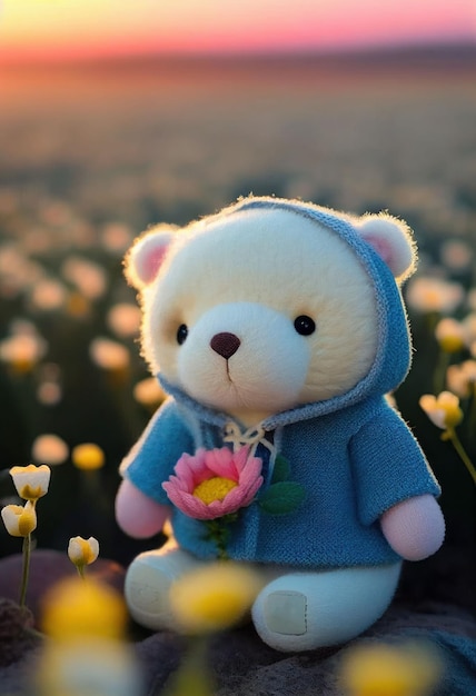 Ours en peluche mignon poupée de fil dans un champ de fleurs sur une lumière rougeoyante Créé avec la technologie Generative AI