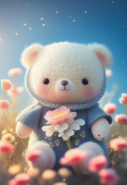 Ours en peluche mignon poupée de fil dans un champ de fleurs sur une lumière rougeoyante Créé avec la technologie Generative AI