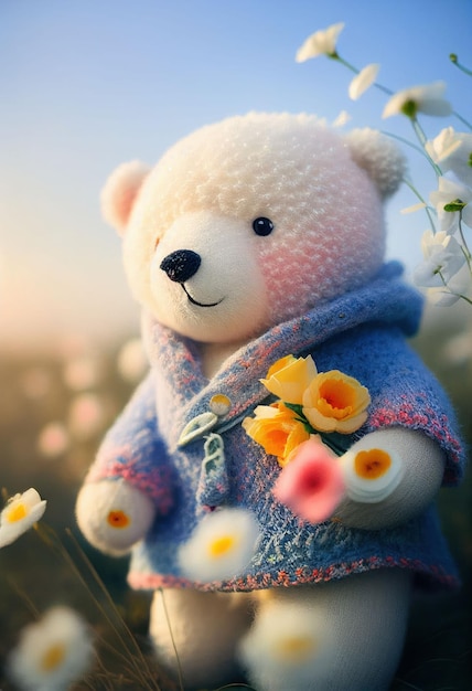 Ours en peluche mignon poupée de fil dans un champ de fleurs sur une lumière rougeoyante Créé avec la technologie Generative AI