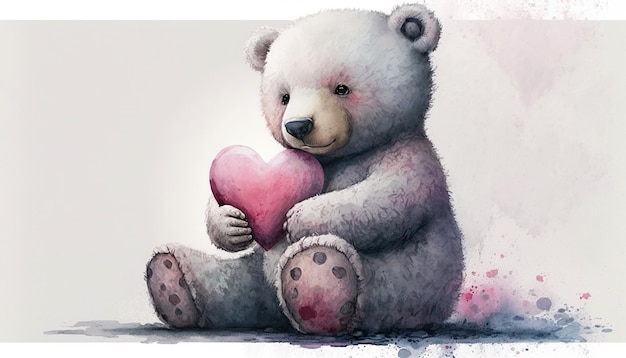 Ours en peluche mignon tenant un coeur rose pour une carte de Saint Valentin ou une carte d'anniversaire Aquarelle Generative AI