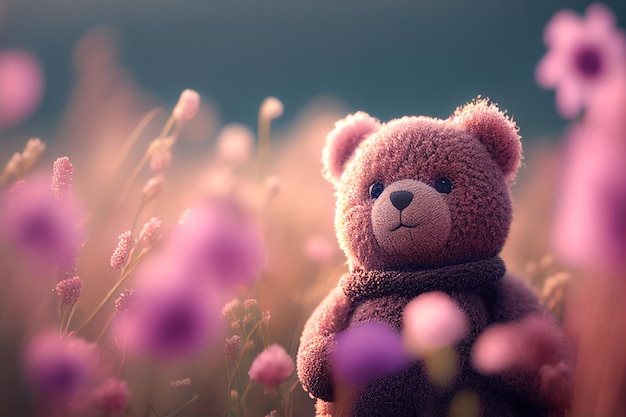 Des ours en peluche mignons dans un jardin de fleurs roses Concept de la journée de la Saint-Valentin