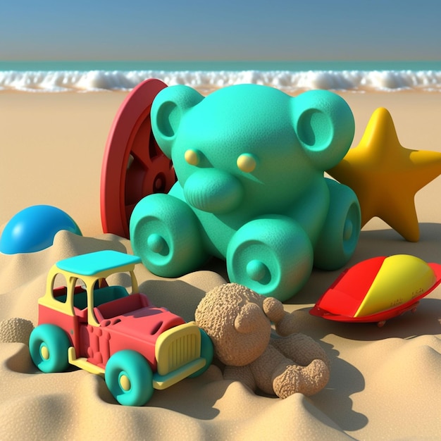 Un ours en peluche et une petite voiture sont sur une plage.