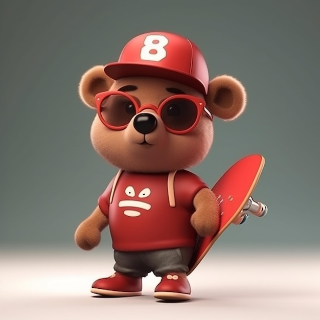 Un ours en peluche portant un chapeau rouge et des lunettes de soleil tient une planche à roulettes.