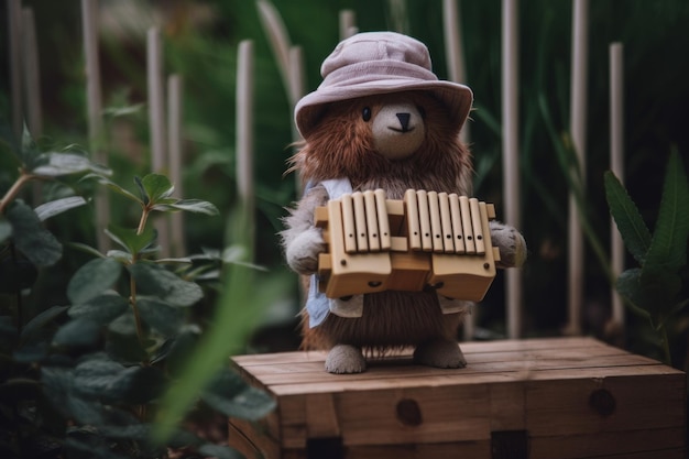 Un ours en peluche portant un chapeau et tenant un instrument en bois Image IA générative