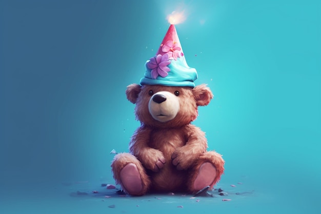 Ours en peluche posant dans un chapeau d'anniversaire sur fond bleu