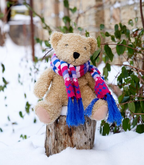 Ours en peluche pour enfants brun dans une écharpe en tricot brillant assis sur une souche