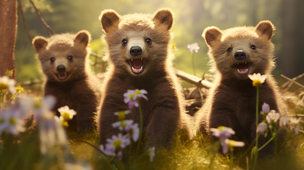 Photo des ours en peluche sur un pré avec des fleurs