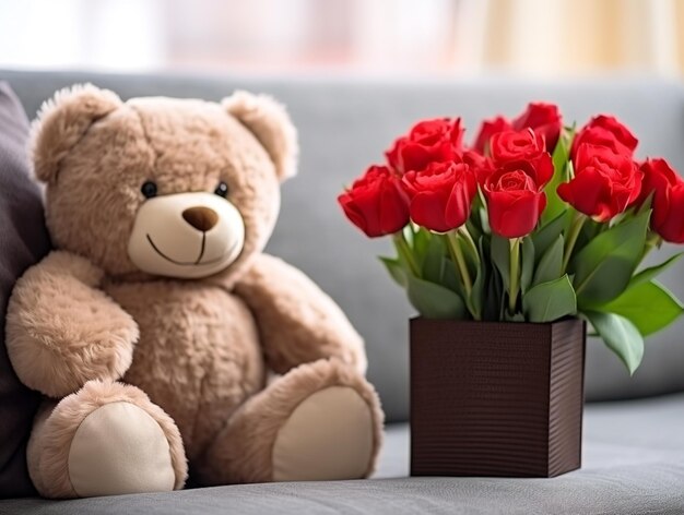 Un ours en peluche près d'un bouquet de roses