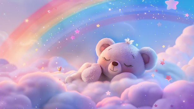 un ours en peluche qui dort dans les nuages avec des arcs-en-ciel et des étoiles