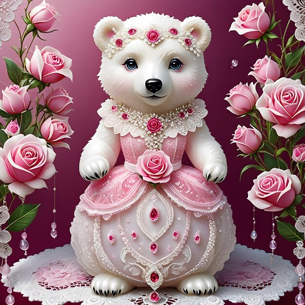 un ours en peluche avec une robe et un bouquet de roses