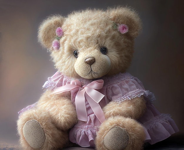 Un ours en peluche avec une robe rose et des fleurs roses dessus