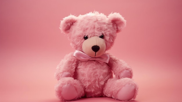 Un ours en peluche rose avec un arc rose est assis sur un fond rose.