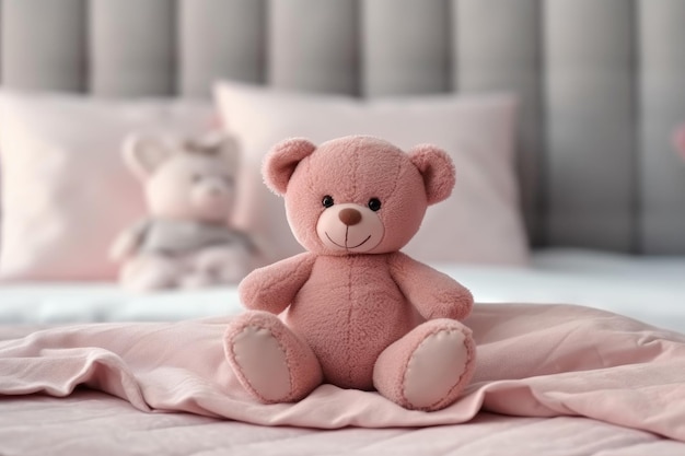 Un ours en peluche rose assis sur un lit avec des oreillers et une couverture