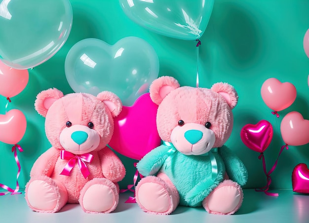 Ours en peluche rose avec des ballons sur fond turquoise Generative AI