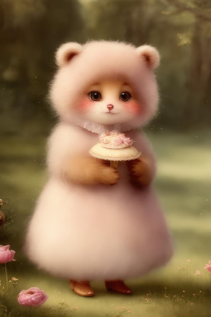 Un ours en peluche rose avec un champignon sur la tête