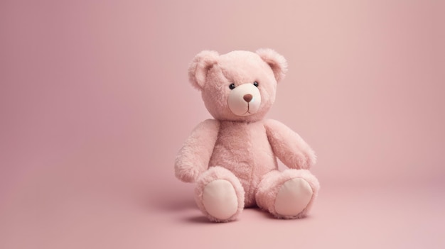 Un ours en peluche rose est assis sur un fond rose.