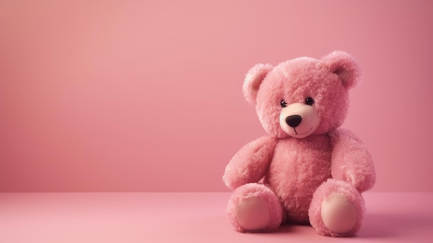 Un ours en peluche rose est assis sur un fond rose.