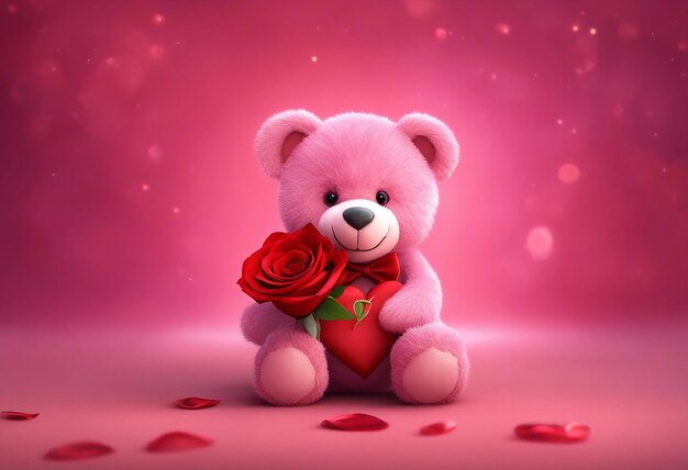 Photo un ours en peluche rose avec un joli visage et tient une rose rouge entre ses pattes avec un beau fond