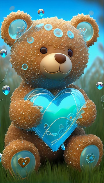 Un ours en peluche tenant un coeur avec le mot amour dessus