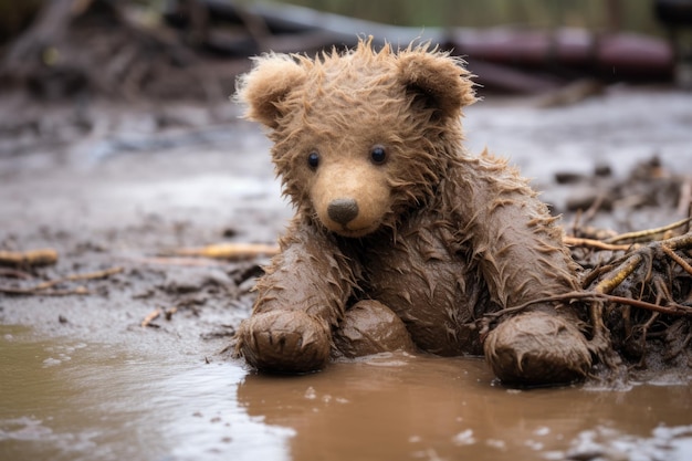 Un ours en peluche trempé dans la boue après une inondation