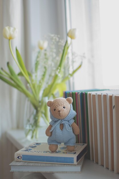 ours en peluche tricoté à la main dans une combinaison bleue se dresse sur des livres, un vase avec des fleurs