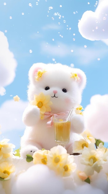 un ours en peluche avec un verre de jus devant un ciel bleu avec des nuages.