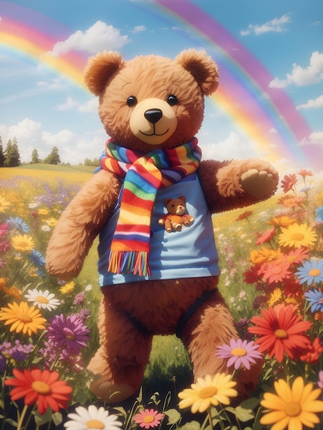 Un ours en peluche vibrant avec une écharpe à rayures arc-en-ciel dansant dans un champ de marguerites