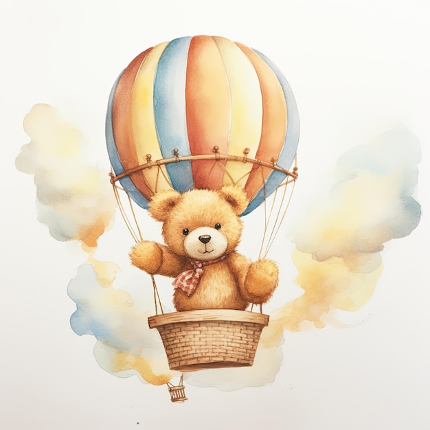 un ours en peluche vole dans un ballon à air chaud