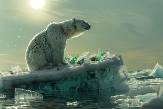 un ours polaire assis sur un iceberg avec des bouteilles en plastique, des ordures, de la pollution plastique