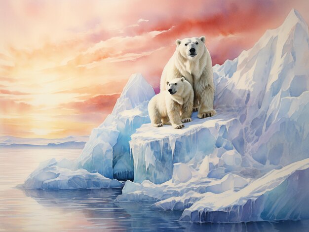Photo ours polaire et bébés sur un iceberg et une montagne de glace en style aquarelle et acrylique