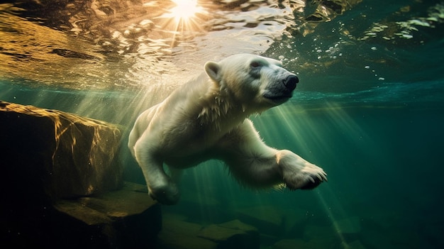 L'ours polaire blanc nage sous l'eau