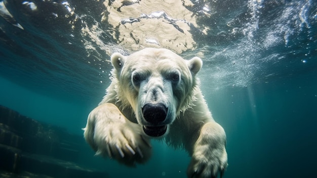 L'ours polaire blanc nage sous l'eau