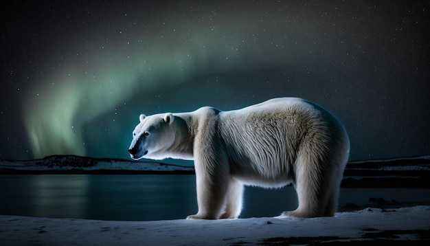 Un ours polaire contre les aurores boréales avec un ciel étoilé