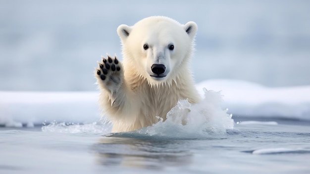 L'ours polaire court dans l'eau.