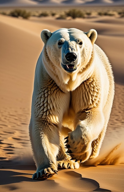 L'ours polaire court sur la piste de fond, la nature du désert, la faune et la neige.