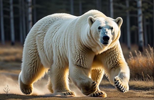 L'ours polaire court sur la piste de fond, la nature du désert, la faune et la neige.