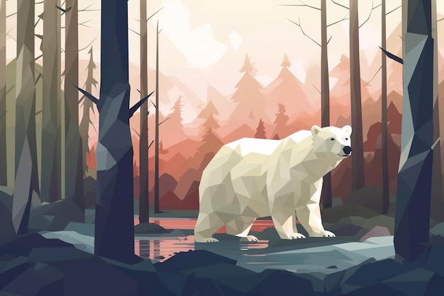 Un ours polaire dans une forêt avec un fond rose.